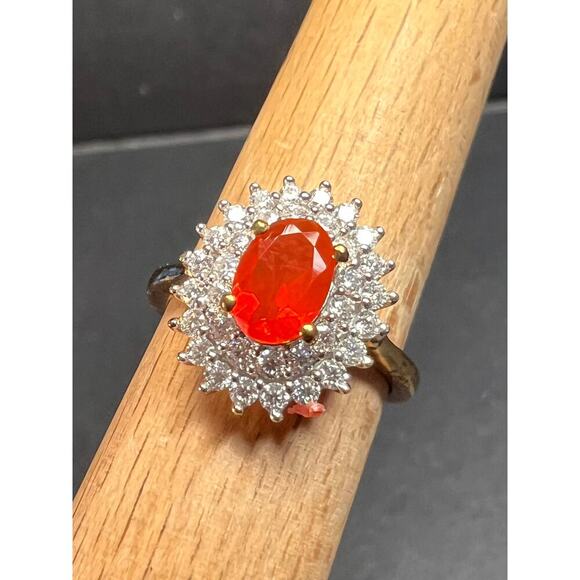 NEW Mexican Cherry fire opal moissanite halo ring in vermeil YG over 925 size 5 - Picture 1 of 16